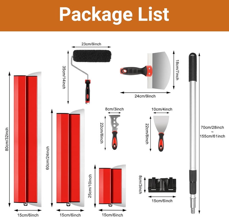 DEKEones Drywall Skimming Tools Set with 10”24”32” Skimming Blades, a Paint Roller, a Extension Pole and 3 Kinds of Putty Knife Tools for Smoothing Wall and Ceiling - Image 2